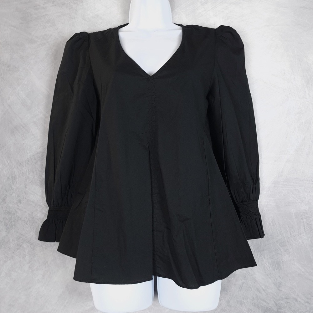 Pomander Place Top Womens XS Black V Neck Puff Sleeve Ruffle Capsule Wardrobe